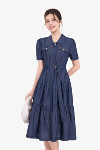 Đầm sơ mi denim xòe phối thắt lưng