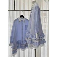 Đầm sơ mi kẻ sọc xanh biển,váy babydoll tay dài,cổ đính đá phối ren bèo cao cấp A01