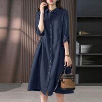 Đầm sơ mi linen Hàn Quốc - Hàng thiết kế cao cấp Đũi Việt - đầm sơ mi đẹp chất linen phong cách nữ công sở trẻ trung DV207 - Màu xanh đen - L