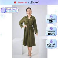 Đầm sơ mi lụa màu xanh rêu phối cổ bẻ tay dài bo chun eo che khuyết điểm hoàn hảo Maxivic