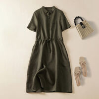 Đầm sơ mi nữ ngắn tay, Đầm linen suông nữ rút eo có túi ngực, phong cách nữ công sở Haint Boutique - L