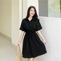 Đầm sơ mi thun eo 2 màu trắng đen kèm ảnh thật
