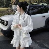 Đầm Sơ Mi Trắng Babydoll Tay Dài Viền Ren Bèo- Dễ Thương, Trẻ Trung, Tiểu Thư