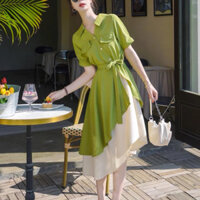 Đầm sơ mi xanh bơ phối tùng bèo trắng xoè