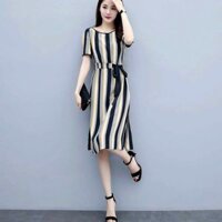 Đầm Sọc Eo Thun Dây Nơ Đen
