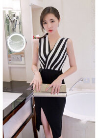 Đầm sọc váy đen bèo  - trắng - đen - L