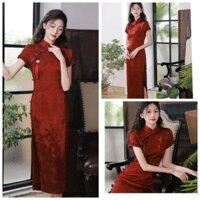 Đầm sườn xám thời trang nữ kiểu trung hoa chất poly 2 da cổ truyền thống tay ngắn cài nút chéo váy suông dài xẻ tà