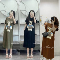 Đầm Suông Cotton Váy Ngủ Suông In Hình Chú Chó Tay Hến Cổ Tròn Ba Màu