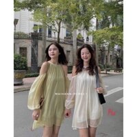 đầm suông dài tay bồng cổ yếm hở vai bầu bí mặc ok hs2023
