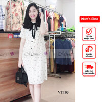 Đầm suông, đầm bầu công sở Mum's Shop VT103 Váy chất thô hoa nhí cổ tầu buộc nơ đen