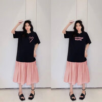 Đầm suông dáng dài - Váy thun phối chân voan hồng in basic màu đen mặc hè bầu mặc xinh