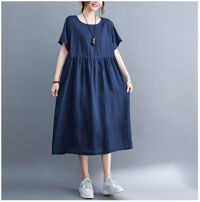 Đầm suông đũi cổ tròn form rộng trẻ trung, chất vải đũi mềm mát, thời trang phong cách Nhật Bản Da81 - xanh đen - 2XL
