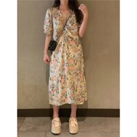 Đầm suông đuôi cá rút dây hoa Quảng Châu dễ thương