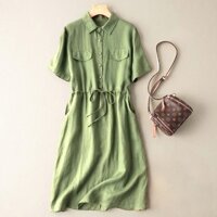 Đầm suông linen cao cấp, đầm công sở, đầm sơ mi thắt eo, phong cách Hàn Quốc hot AH74 - Xanh rêu - XL