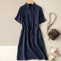 Đầm suông linen cao cấp, đầm công sở, đầm sơ mi thắt eo, phong cách Hàn Quốc hot AH74 - xanh đen - XL