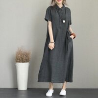 Đầm suông linen cổ sơ mi 2 túi sườn trẻ trung, thời trang hè thu AH61 - xám đậm - XL