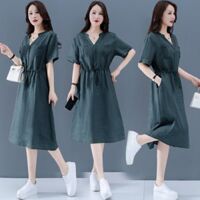 Đầm suông linen cổ V phong cách công sở, thiết kế 2 túi trước thời trang, lên form chuẩn CS72 - Xanh xám - 2XL