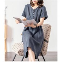 Đầm suông linen công sở cổ tim, 2 túi chéo tiện lợi, chun eo hack dáng Cs173