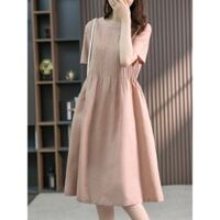 Đầm suông linen nữ cổ tròn ngắn tay, thiết kế xếp ly trước độc đáo, thời trang nữ cao cấp NH195 - 2XL
