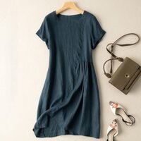Đầm suông linen nữ cổ tròn ngắn tay, họa tiết trơn basic, hàng đẹp Đũi Việt D71