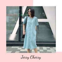 Đầm suông linen tay ngắn gài nút trước ngực