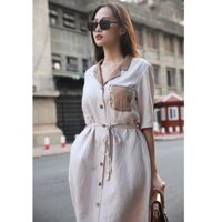 Đầm suông linen tưng premium sơ mi cổ hai ve thêu hoa ngực SLINEN, form váy suông giấu bụng.