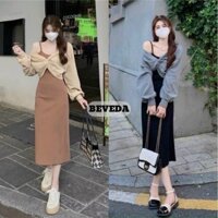 Đầm Suông Mặc Đi Dạo Chất Thun Gân Hai Dây Kèm Khoác Su Dài Tay Xoắn Ngực Mỏng Nhẹ Mát Mẻ