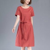 Đầm suông màu cam có dây eo, cổ tròn phù hợp trung niên, lịch sự da84