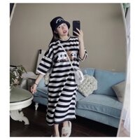 Đầm Suông Nữ Cộc Tay Sọc Ngang Đen Trắng Hình Gấu Chất Thun Cotton Dày Dặn Dưới 60kg Đi Chơi Du Lịch