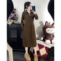 Đầm suông nữ thu đông vải thun tăm cổ khoá dài tay túi eo vanmiushop