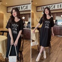 Đầm suông nữ thun thái in chữ dáng dài form rộng