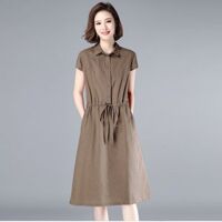 Đầm suông nữ vải đũi mềm mại, thiết kế tay ngắn rút eo, 2 túi sườn, phong cách ulzzang Hàn Quốc AH70 - Nâu - 2XL