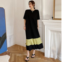 Đầm Suông Quảng Châu Thả Dáng Phối Sắc Vàng Chanh Chân Xếp Ly Cho Hè 2023