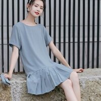 Đầm Suông Tay Ngắn Váy Nữ Chữ A Xếp Ly Basic Vintage Form Rộng Cổ Tròn Màu Xanh Dễ Thương