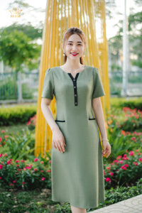 Đầm suông thiết kế trung niên cao cấp sang trọng Cổ tròn kết nút tay ngắn màu Xanh Bơ TTV STORE TTV1331 - Xanh bơ - 2XL  63KG - 68KG