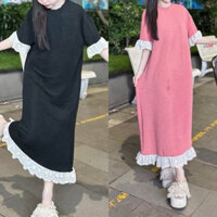 Đầm suông thun xốp PHỐI REN dáng dài maxi form rộng tiểu thư có size