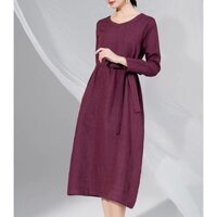 Đầm suông trung niên cô tim dài tay kèm đai rời SLINEN, chất vải Linen bột Premium, form suông không kén dáng mặc