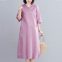 Đầm suông trung niên cổ tim chồng tay lỡ SLINEN, chất vải Linen bột Premium, form suông không kén dáng (TÍm nhạt)