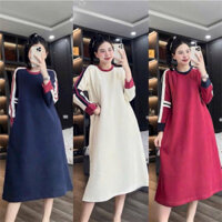 Đầm suông - Váy thu đông dài tay trơn dáng dài sọc tay chất da cá PE cổ tròn thanh lịch ba màu