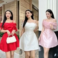 Đầm tafta nhũ tơ 2 dây đính ngọc bẹt vai trắng đỏ hồng, váy ngắn xoè nhẹ tiểu thư sang trọng dễ thương đi dự tiệc cưới