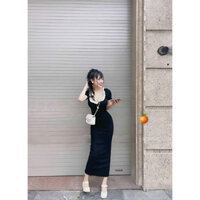 Đầm tăm đũa tay ngắn cổ phối bèo dáng dài ôm body đẹp