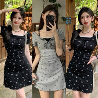 Đầm Tăm Lạnh Cổ V Tay Ngắn Dáng Ngắn Xoè Đính Nơ Chấm Bi + Áo Hai Dây Viền Ren Croptop