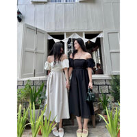 Đầm tay bồng trễ vai nhún ngực màu pastel váy xòe