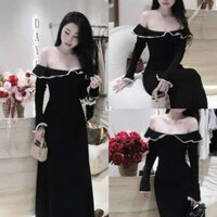 Đầm tay dài bẹt bèo viền ren vai dáng dài chất gân