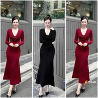 Đầm tay dài cổ tim ôm body dáng dài đính hoa to trước ngực  Chất ladong NHN