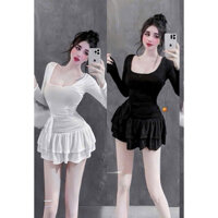 đầm tay dài cổ tròn xoè eo phối nhúm dây cột nơ tầng