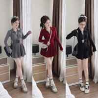 Đầm tay dài kéo khoá tùng váy xếp ly siêu thanh lịch