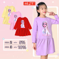 Đầm tay dài, váy bé gái HTKIDS in hình Elsa, chất thun cotton co giãn 4 chiều cho bé gái từ 3-12 tuổi-DTDBG004