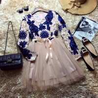 Đầm thêu hoa ruy băng phối chân lưới xoè