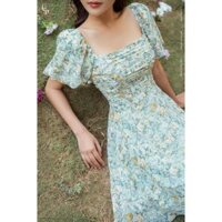 Đầm thiết kế BẢO KHÁNH SHOP đầm tơ ép hoa nhún ngực tay bồng dáng xòe 2 lớp 067